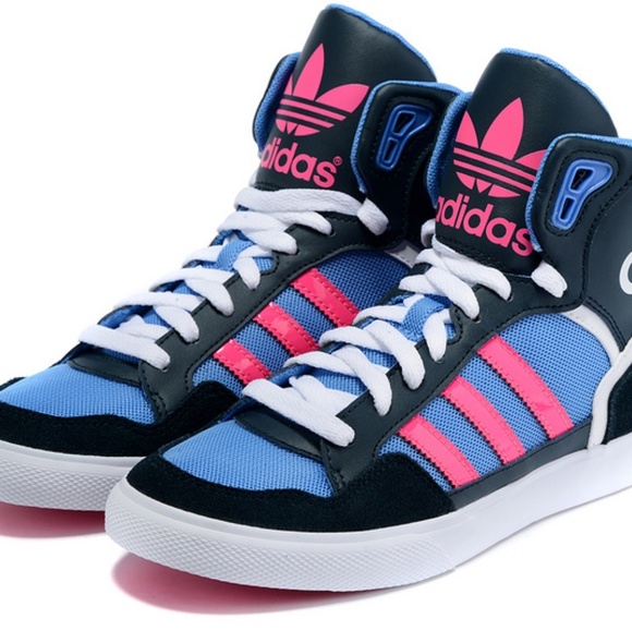 pink and blue adidas high tops